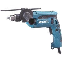 Blue Makita HP1631K percussion drill with side handle, black grip, and adjustable chuck.