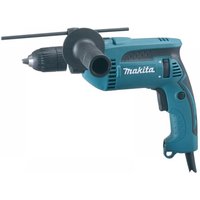 Blue Makita percussion drill with keyless chuck, side handle, and 680W motor, featuring a black grip and trigger.