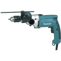 Makita HP2050 percussion drill, teal body, black handle, side grip, and adjustable depth rod.