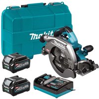 Makita cordless circular saw 235mm, teal and black, with two batteries, charger, and teal carrying case.