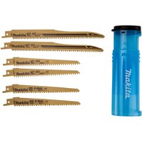 Makita jigsaw blade set, 6 gold blades with teeth, includes blue cylindrical storage case.