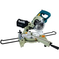 Makita LS0714N slide compound mitre saw, beige with teal handle, 190mm blade, dual sliding rails, dust bag attached.