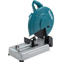 Makita LW1400 metal cut-off saw, teal blade guard, silver base, black handle, 355mm blade, 240V power.