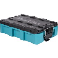 Makita MakTrak medium toolbox, teal base, black lid with logo, sturdy latches, and stackable design.