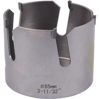 Silver Makita Multi Material TCT Holesaw with 85mm diameter and sharp teeth for cutting, marked with size on the side.