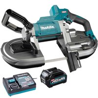 Makita cordless band saw with teal accents, brushless motor, and 40v battery, includes charger and battery pack.