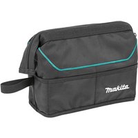 Black Makita toiletry bag with teal accent, zippered top, front pocket, and side handle.