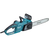 Blue and black Makita electric chainsaw with 350mm blade and ergonomic handle.