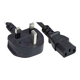 Black power cord featuring a UK 3-pin plug on one end and a C13 female (kettle) connector on the other, designed for connecting electrical devices.