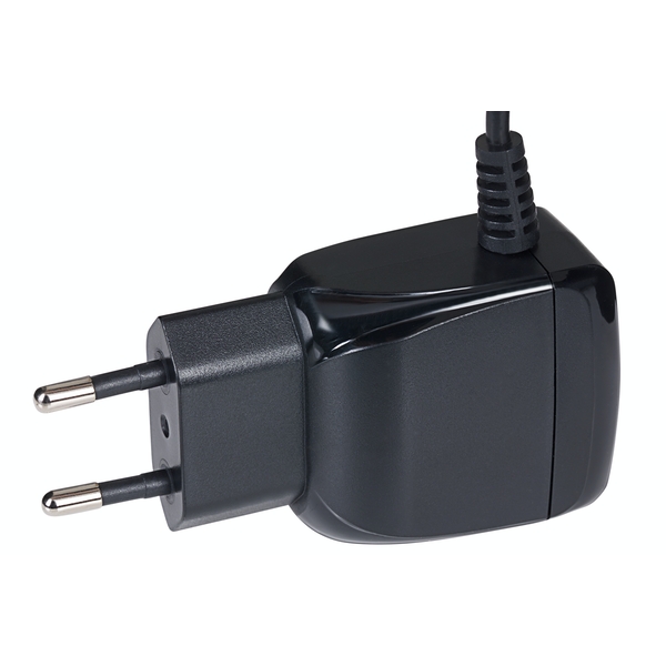 Black plastic EU switching power supply with a 5V DC output, 2 Amp rating, and a 5.5 x 2.1 x 10mm plug, featuring a two-prong design and a flexible cable.