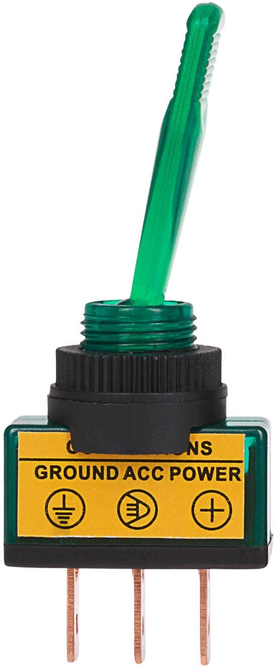 Black light switch with a green toggle lever, featuring a yellow label that reads "GROUND ACC POWER" and three copper prongs at the bottom.