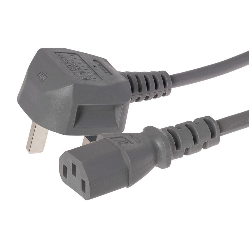 Grey power lead with an IEC C13 female plug on one end and a UK 3-pin plug on the other, featuring a 2m length and a 5amp fuse.