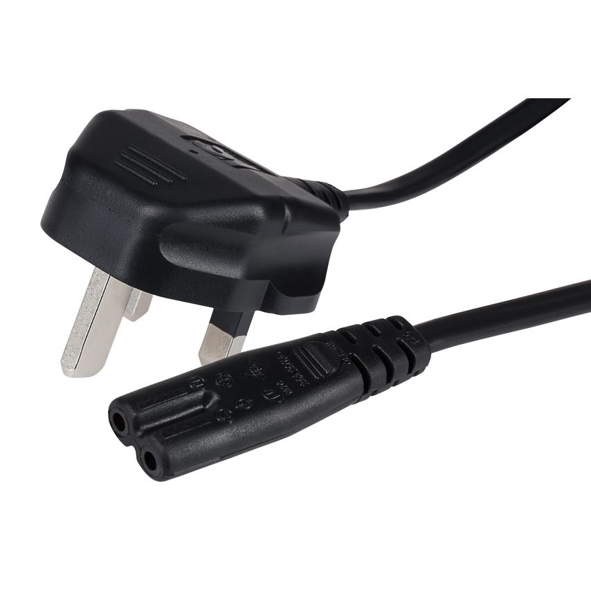 Black power lead featuring a UK 3-pin mains plug on one end and an IEC C7 Fig 8 2-pin connector on the other, designed for connecting electrical devices.