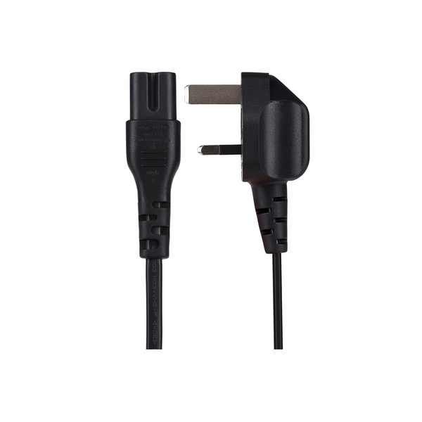 Black 2m power lead with a C7 Fig 8 2-pin plug on one end and a UK 3-pin plug on the other, rated for 10 amps, featuring durable plastic connectors.