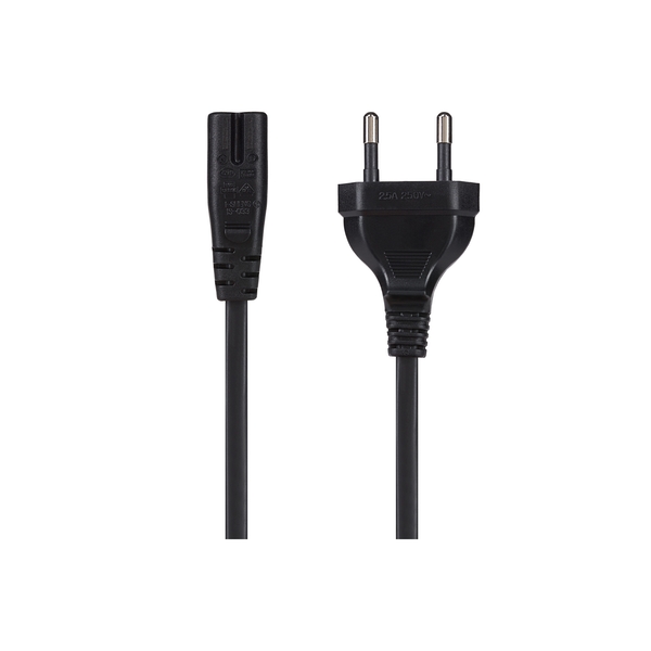 Black 2-meter power lead with an IEC C7 Fig 8 connector on one end and a Euro 2-pin plug on the other, featuring a durable plastic construction.