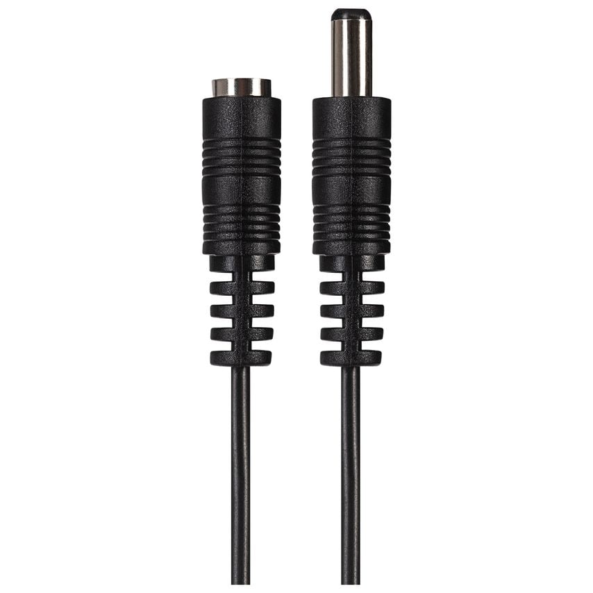 Black power supply extension lead featuring 2.5mm x 5.5mm plugs on both ends, with ribbed grips for easy handling and a flexible black cable.