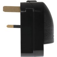 Black Maplin Schuko to UK plug converter with 13A fuse, screw cover, and two brass prongs.