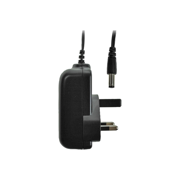 Black plastic switching power supply with a UK plug, featuring a 12V DC output and a 5.5 x 2.1 mm connector, designed for 1 Amp and 12W power delivery.