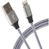 Silver braided USB-A to Lightning cable, 1m length, with durable connectors, 12W power capacity.