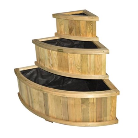 Triangular wooden planter with three stacked tiers, featuring a natural wood finish and black liners, designed for corner placement in gardens or patios.