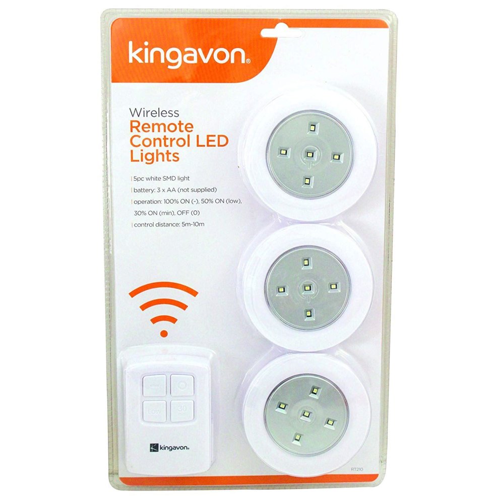 Three round, silver LED lights with a remote control, featuring a white background, labeled "Kingavon," and designed for wireless operation with adjustable brightness settings.