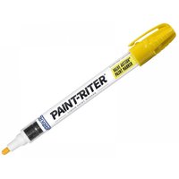 Yellow Markal Paint-Riter Valve Action Paint Marker with white barrel and black text, yellow cap and clip.