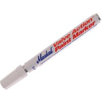 White Markal Valve Action Paint Marker with red and blue text on the barrel and a white cap.