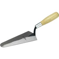 Marshalltown gauging trowel with a pointed steel blade and a light wooden handle.