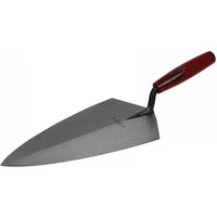 Philadelphia pattern brick trowel with a pointed steel blade and red plastic handle, 11 inches long.