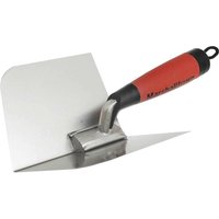 Marshalltown curved inside corner trowel with red and black handle, stainless steel blade, and loop for hanging.