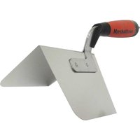 Curved stainless steel trowel with red cushioned handle, designed for finishing outside corners.