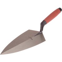 Philadelphia pattern brick trowel with a pointed steel blade and red DuraSoft handle.