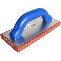 Marshalltown rubber plasterers render float with blue ergonomic handle and red rubber base.
