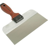 Marshalltown stainless steel taping knife with red ergonomic handle and wide silver blade.
