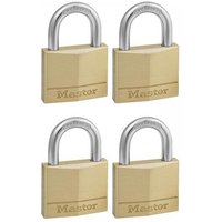 Set of four brass Master Lock padlocks with silver shackle, rectangular body, and engraved logo.