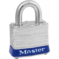 Laminated steel padlock with blue base and silver shackle, embossed "Master" logo, 38mm size, 4-pin tumbler.