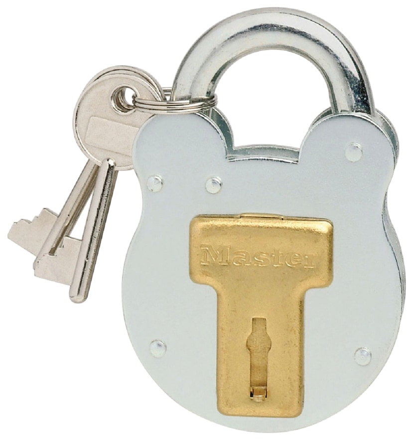 Silver zinc padlock with an Old English style, featuring a gold keyhole and a rounded top, accompanied by two keys attached to a ring.