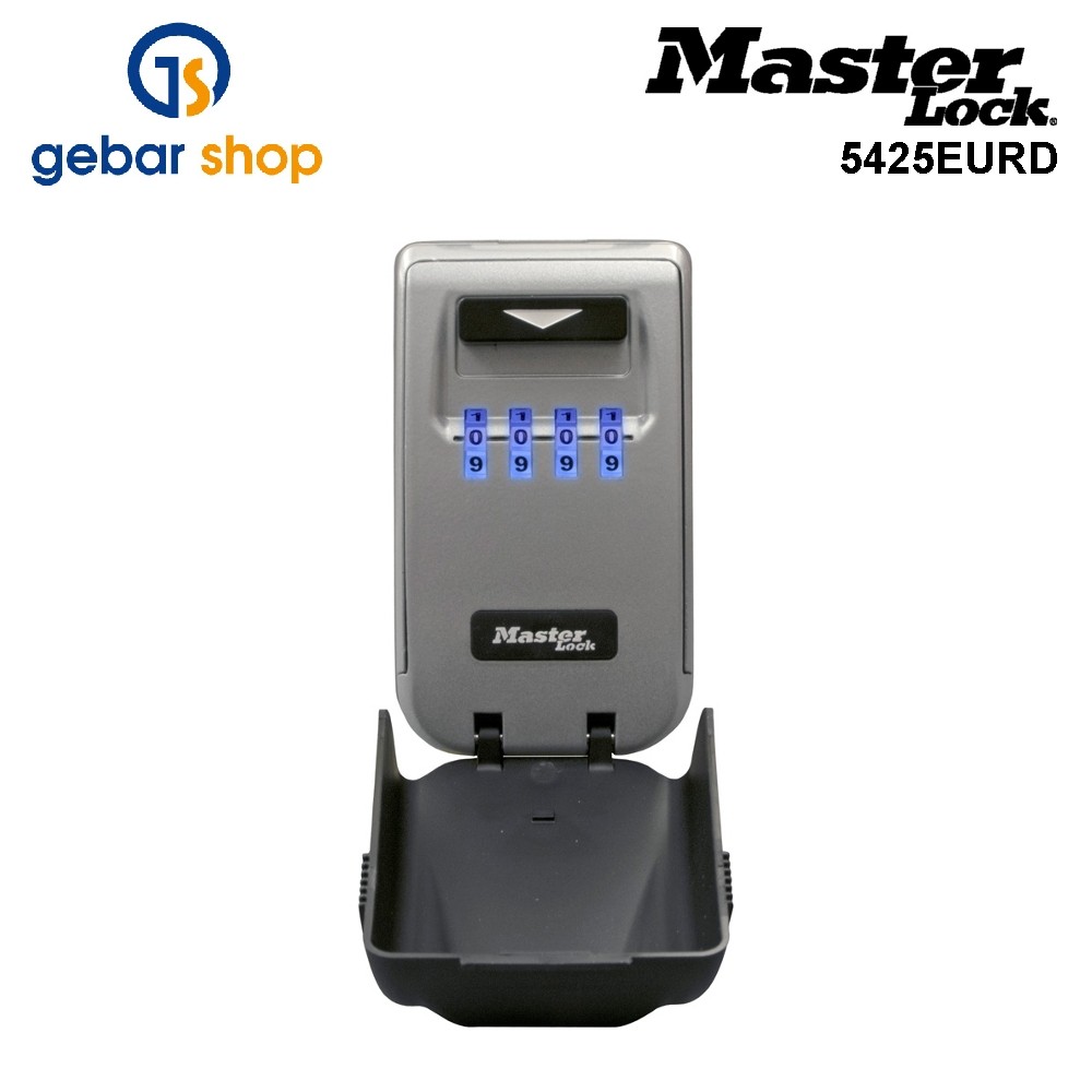 Master Lock 5425EURD features a gray wall-mounted design with a light-up dial and a keypad displaying blue numbers, ideal for secure access.