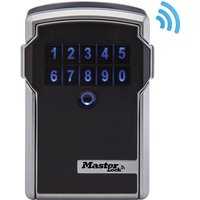 Black and silver Master Lock Bluetooth key box with illuminated keypad and wireless signal icon.
