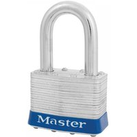 Laminated steel padlock with 38mm shackle, silver body, blue base, and "Master" logo, 4-pin keyed alike design.