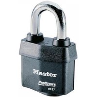 Black Master Lock 67mm padlock with silver shackle and "Proseries" branding, weather-resistant design.