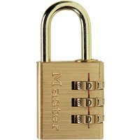 Brass finish Master Lock padlock with 3-digit combination and engraved logo on the body.