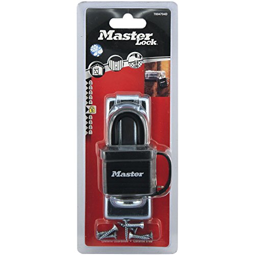 Black steel hasp and weather-resistant padlock with a 40mm shackle, featuring the Master Lock logo, packaged with screws on a red and clear backing.