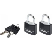Black Master Lock padlocks with silver shackle, vinyl cover, and two keys, keyed alike, set of two.