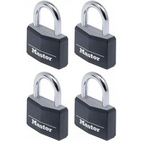 Black Master Lock padlocks with silver shackle, vinyl cover, 40mm size, 4-pin mechanism, set of four keyed alike.