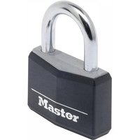 Black Master Lock padlock with silver shackle, 50mm size, vinyl cover, and 4-pin cylinder.