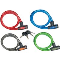 Red, blue, black, and green Master Lock keyed alike armoured cable locks with four keys.