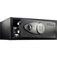 Black Master Lock digital safe with keypad entry and open door revealing interior storage.