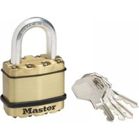 Brass finish Master Lock padlock with 4-pin cylinder, silver shackle, and four silver keys.