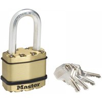 Brass finish Master Lock padlock with 38mm shackle, 4-pin cylinder, and black accents, includes set of keys.